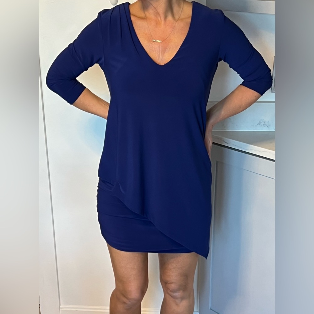 Ciara Sun Woo Cobalt  Blue V-Neck 3/4 Sleeve Ruched Overlay Draped Stretch Sz.XS